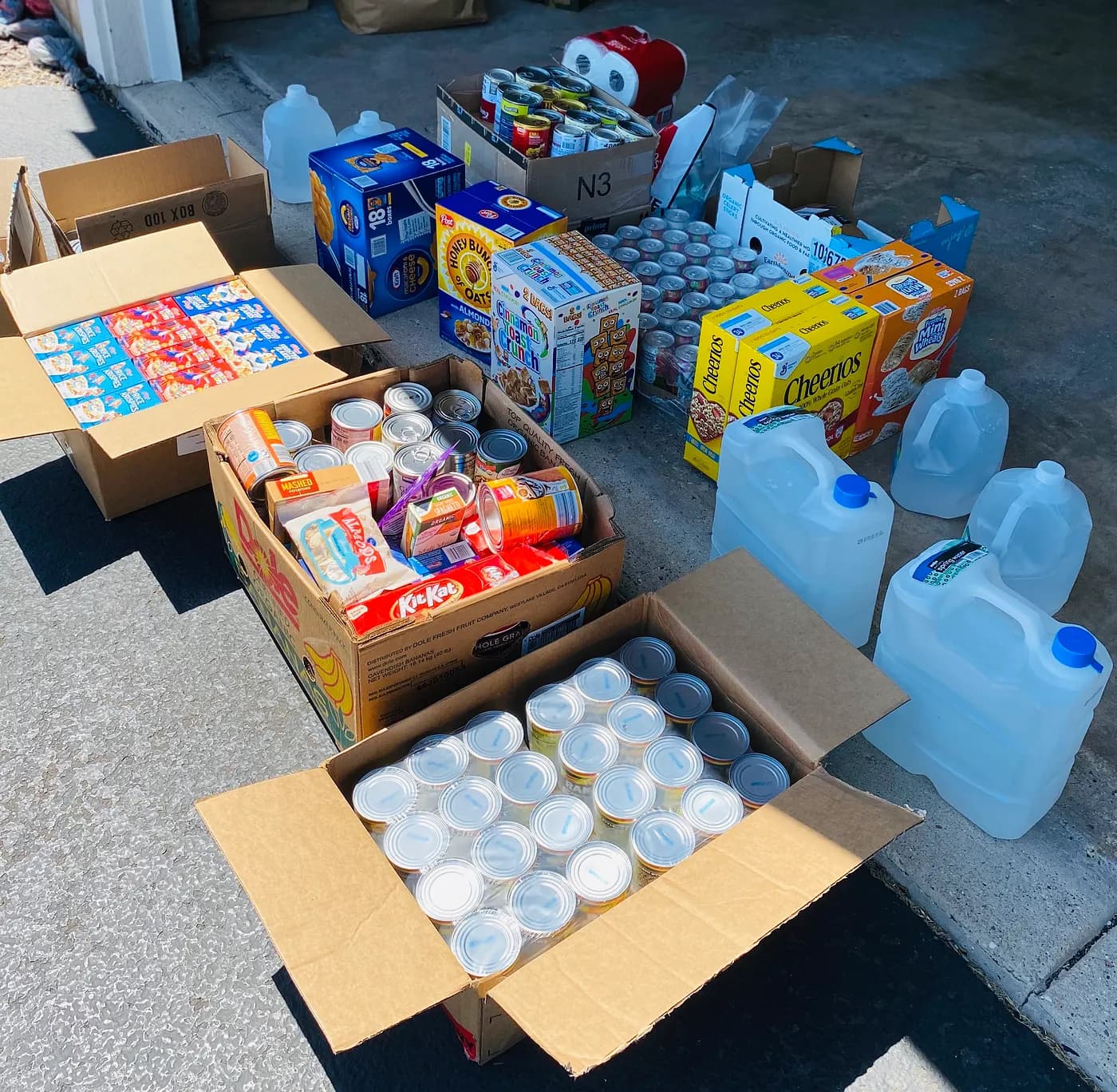 Donated food and supplies spread out
